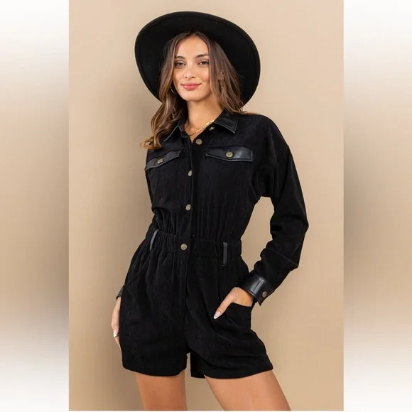 13 Corduroy and PU Mix Elastic Waist Romper - Picture 2 of 6